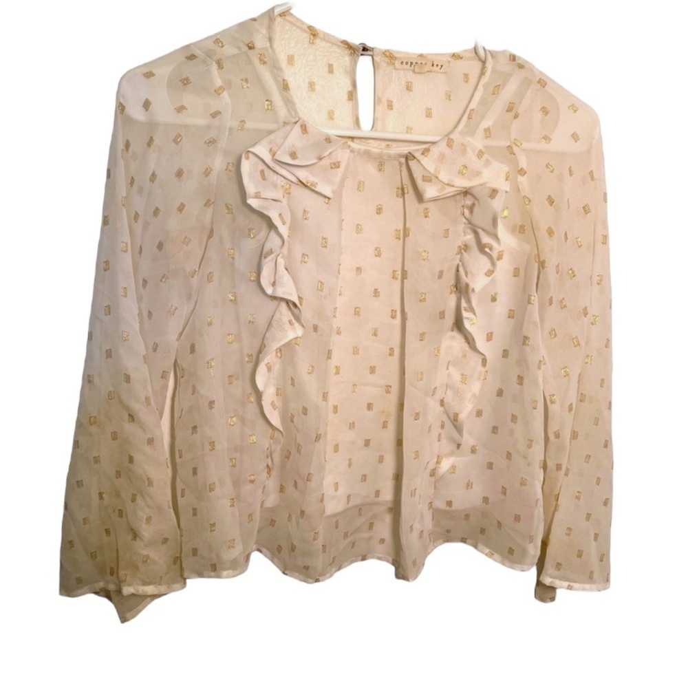 Copper Key Girls Sz Medium Blouse White Gold Metallic Squares Ruffle Sheer Lined